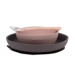 Nattou 3 részes csúszásmentes szilikon étkészlet, rózsaszín-szürke