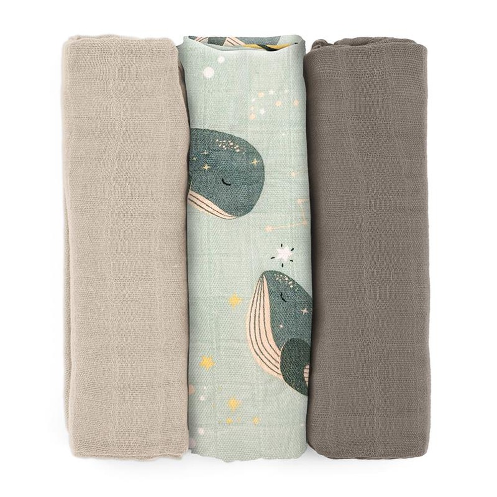 Petite&Mars Moussy bambusz muszlin pelenka 68x68cm, Whale Song, 3db