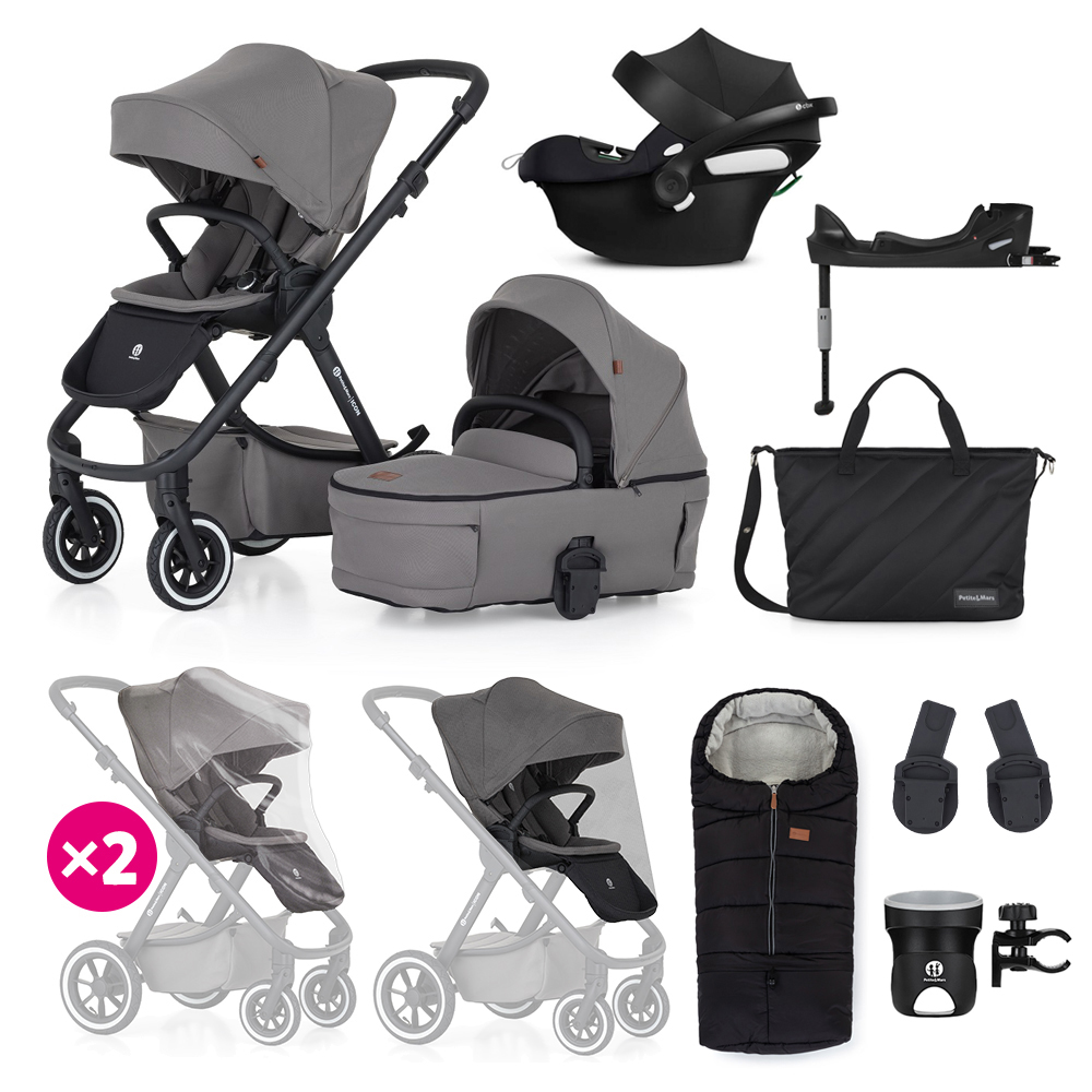 Petite&Mars Icon 4in1 XXL AIR kombinált babakocsi szett kiegészítőkkel, Dove Grey + CYBEX Aton B2 i-Size bázistalppal
