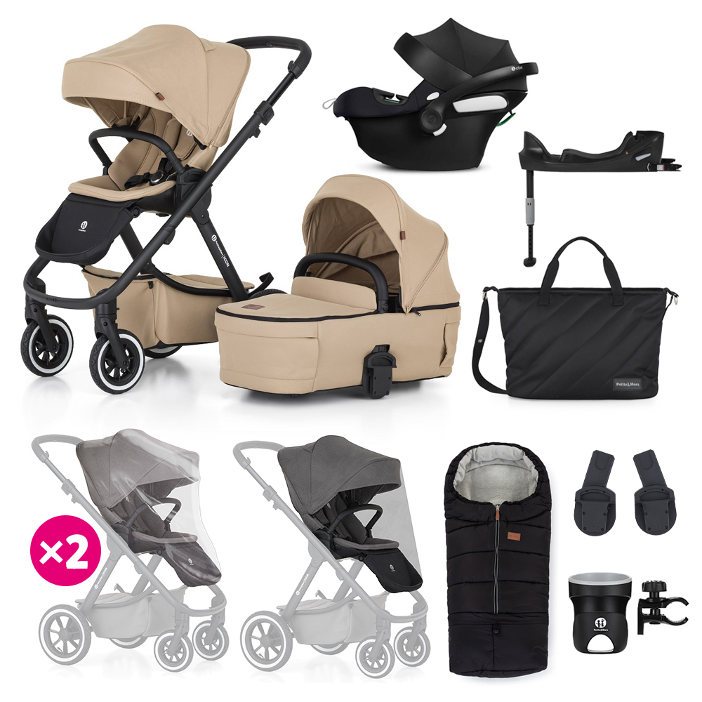 Petite&Mars Icon 4in1 XXL AIR kombinált babakocsi szett kiegészítőkkel, Mocha Beige + CYBEX Aton B2 i-Size bázistalppal