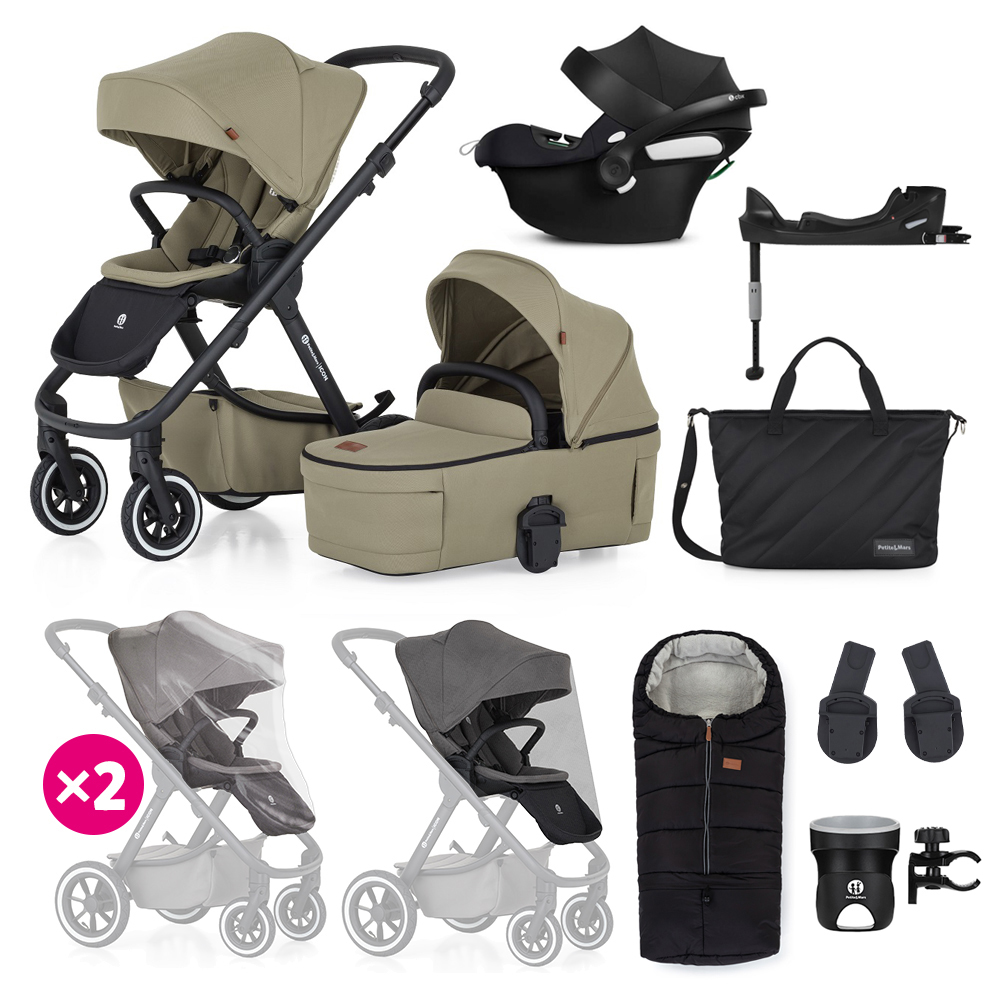 Petite&Mars Icon 4in1 XXL AIR kombinált babakocsi szett kiegészítőkkel, Mossy Green + CYBEX Aton B2 i-Size bázistalppal
