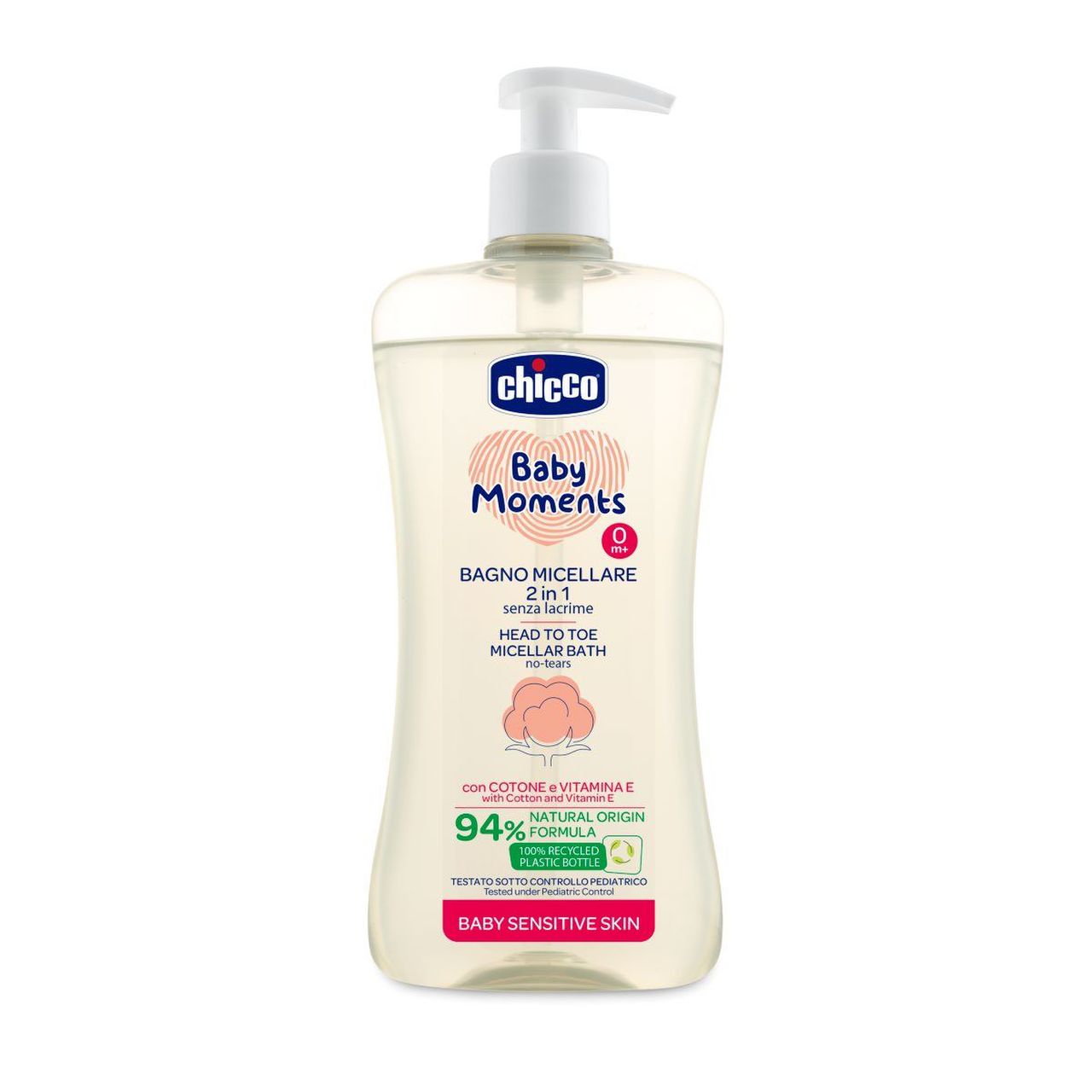 Chicco Baby Moments Micellás babafürdető és sampon 94% természetes összetevőkkel, pumpás, 500ml