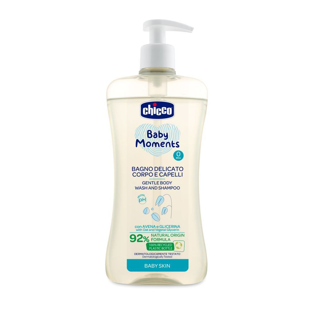Chicco Baby Moments Babafürdető és sampon 92% természetes összetevőkkel, pumpás, 500ml