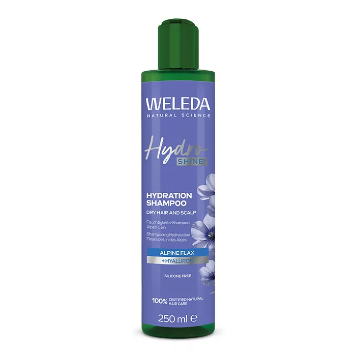 WELEDA Hydro Shine Hidratáló és ragyogást fokozó sampon alpesi lennel és hialuronsavval száraz hajra és fejbőrre 250ml