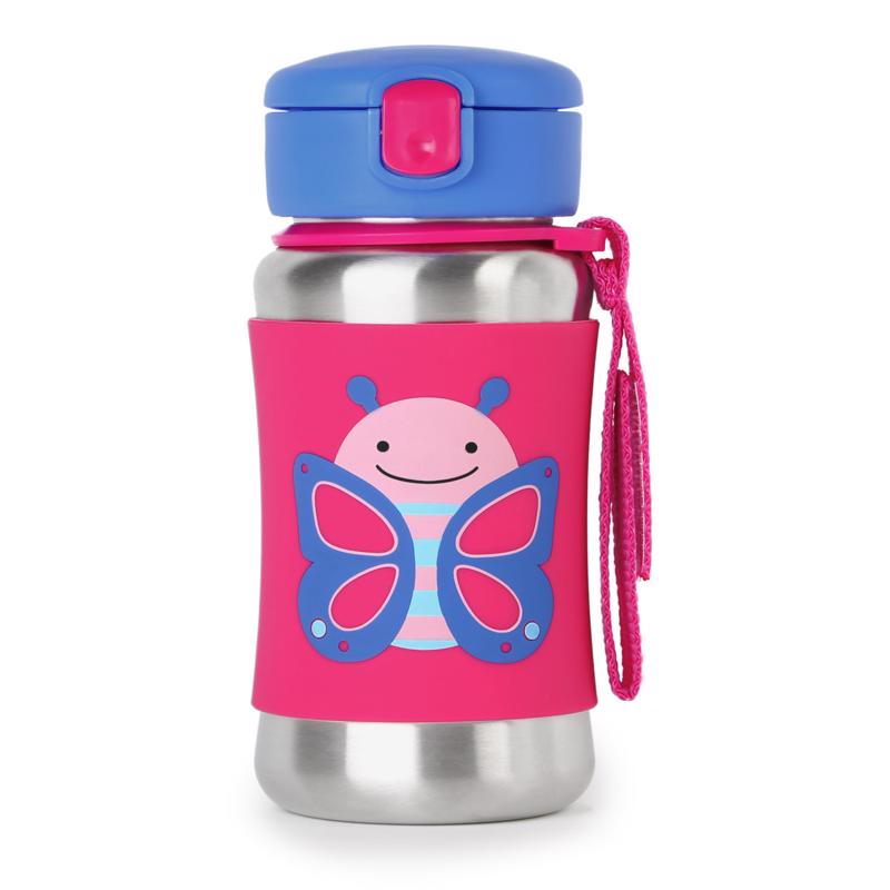 SKIP HOP Zoo Rozsdamentes acél szívószálas kulacs 350ml, Pillangó