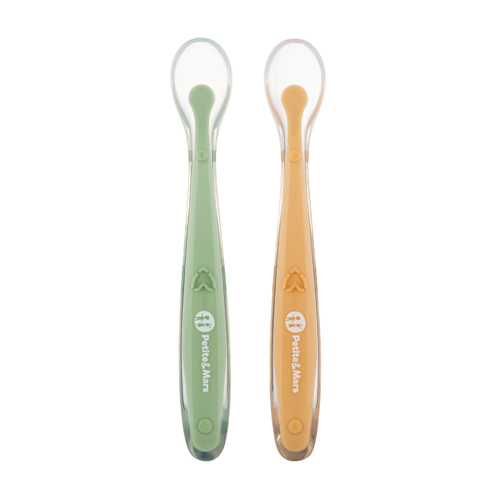 Petite&Mars Take&Match 2 db puha szilikon kanál tokkal 6m+, Pea/Ochre