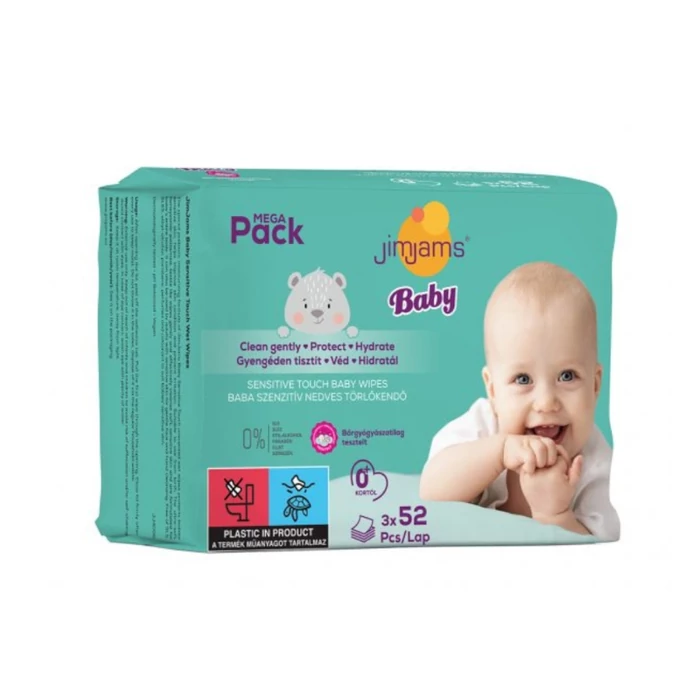 JimJams Baby sensitive illatmentes nedves törlőkendő kupakkal, 3x52db