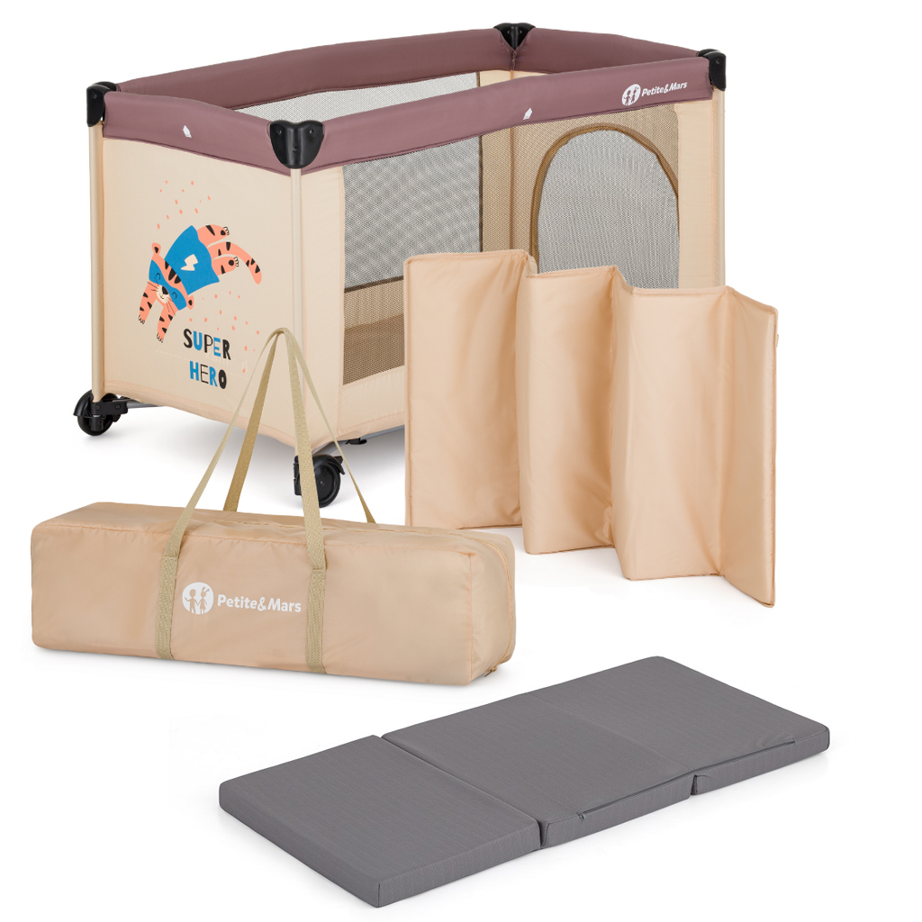 Petite&Mars Koot utazóágy, Tiger Super Hero + Foldie összehajtható matrac, Grey