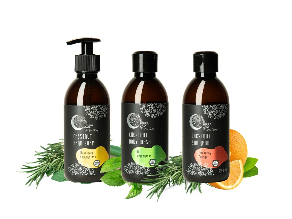 Terra Gaia Gesztenye fürdőszoba szett: sampon, tusfürdő, folyékony szappan, 3x250ml