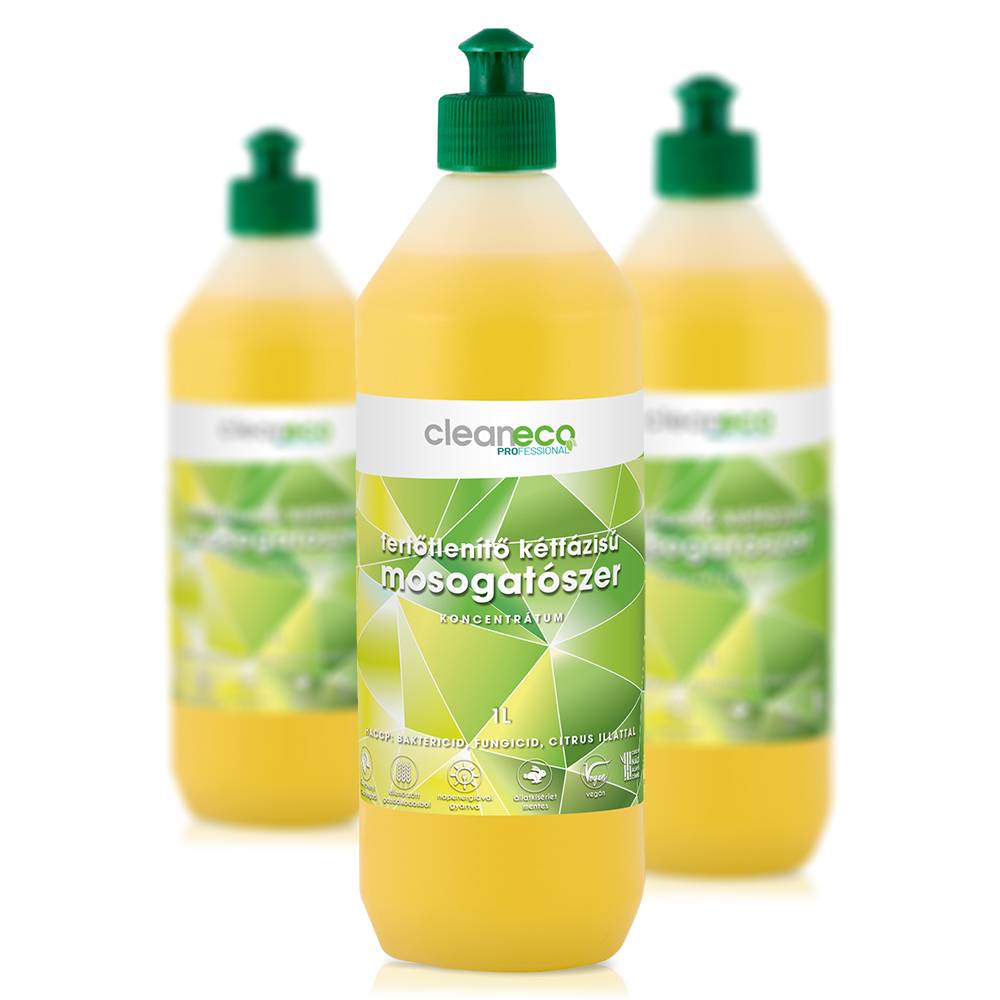 Cleaneco Fertőtlenítő kétfázisú mosogatószer újrahasznosítható csomagolásban, 1L
