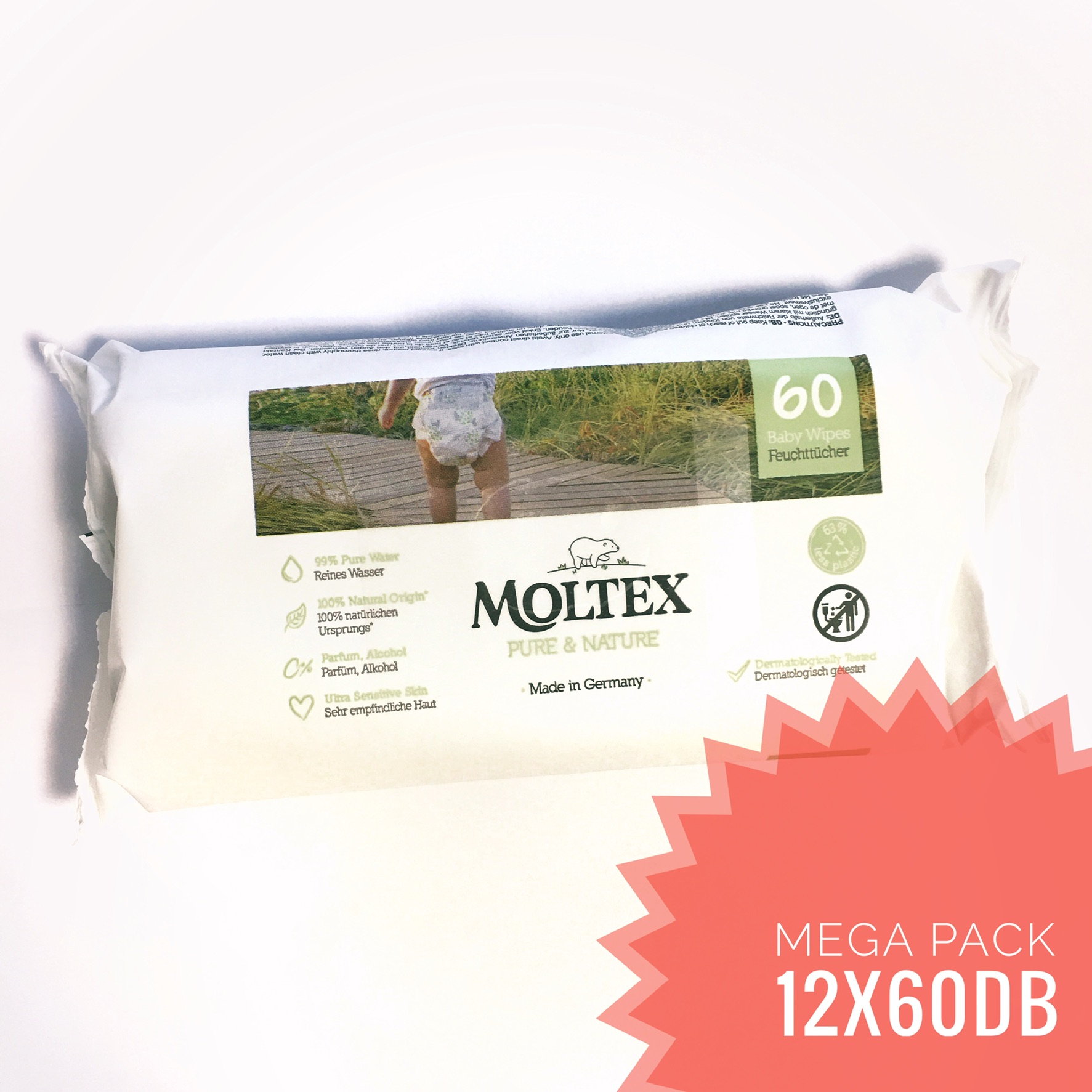 MOLTEX Pure&Nature biológiailag lebomló nedves törlőkendő MEGA PACK, 12x60db