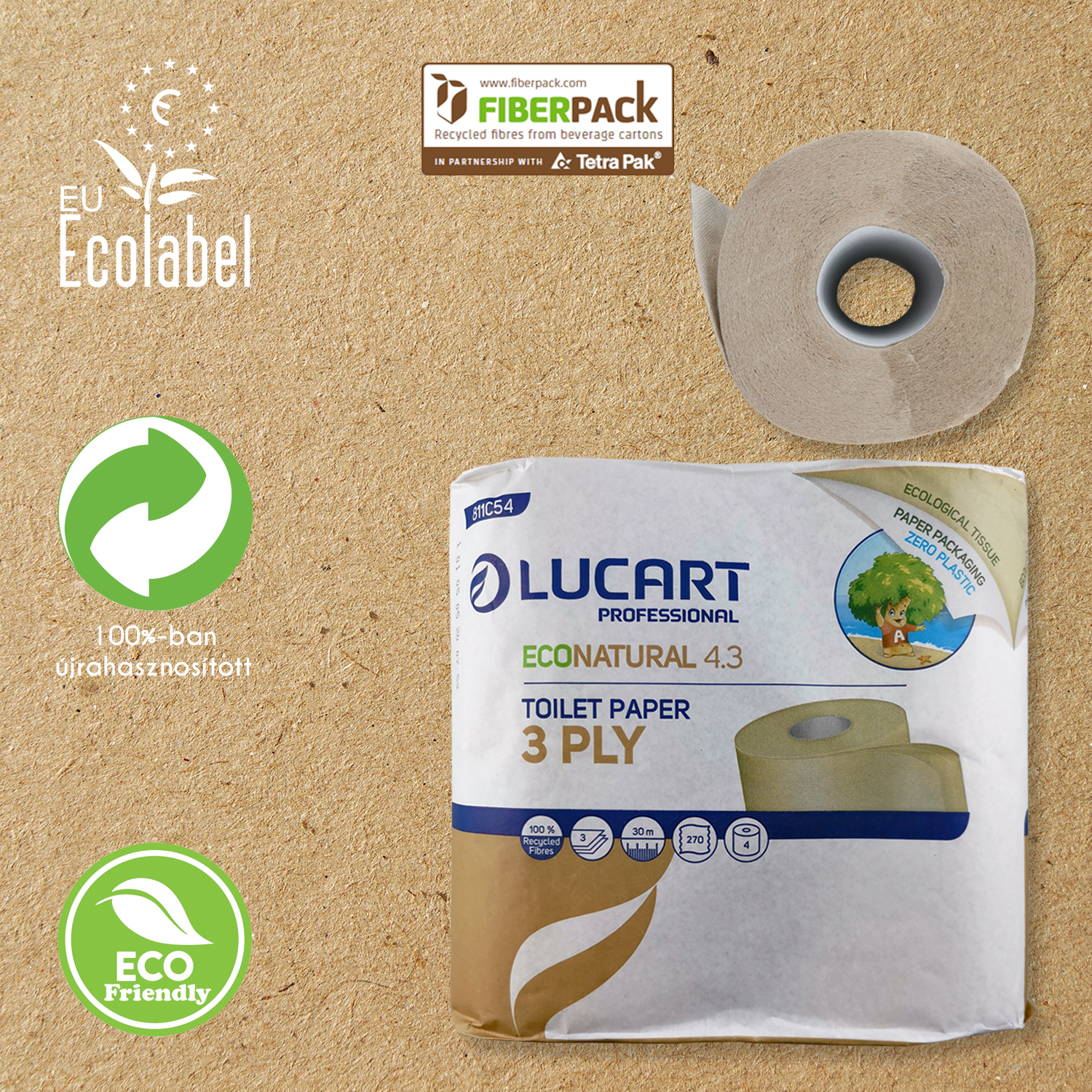 Lucart Econatural 100% újrahasznosított toalettpapír 3 rétegű, 4tek./cs., 270lap