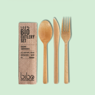 bibox komposztálható evőeszköz szett, kés+villa+kanál+szalvéta, 500db/csomag