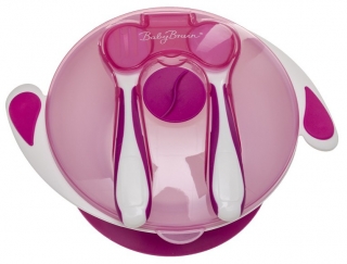 Baby Bruin tapadókorongos tányér tetővel és evőeszközzel, pink