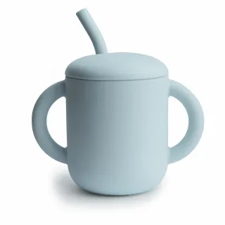 Mushie Szilikon tanulópohár szívószállal - világoskék