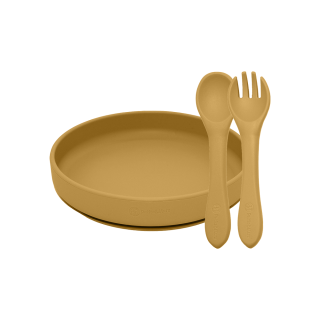 Petite&Mars TAKE&MATCH Szilikon 2 részes étkészlet, tányér+evőeszközök, okker