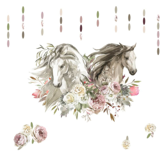 INSPIO Textil fóliás áthelyezhető falmatrica - Romantikus lovak virágokkal